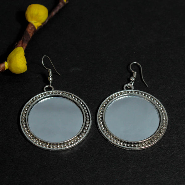 Oxidized Silver Plated Simple Circle Shape Hook Dangler Earring With Mirror