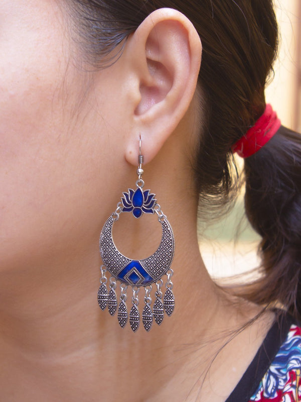 Silver Plated Lotus Design Blue Color With Hanging Ghungroos Dangler Earring