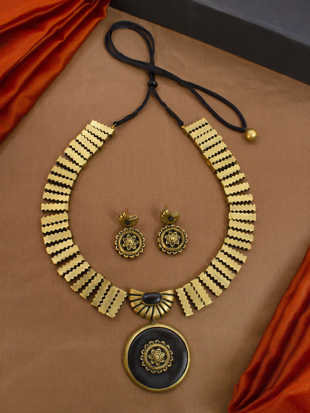 Antique Gold Black Geometrical Block Design Handmade Terracotta Necklace Set