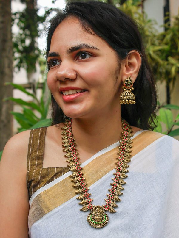 Antique Gold Pink Green Lakshmi and Mango Design Handmade Terracotta Necklace Set