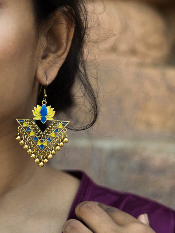 Gold Plated Yellow And Blue Color Lotus Design Afghani Earring