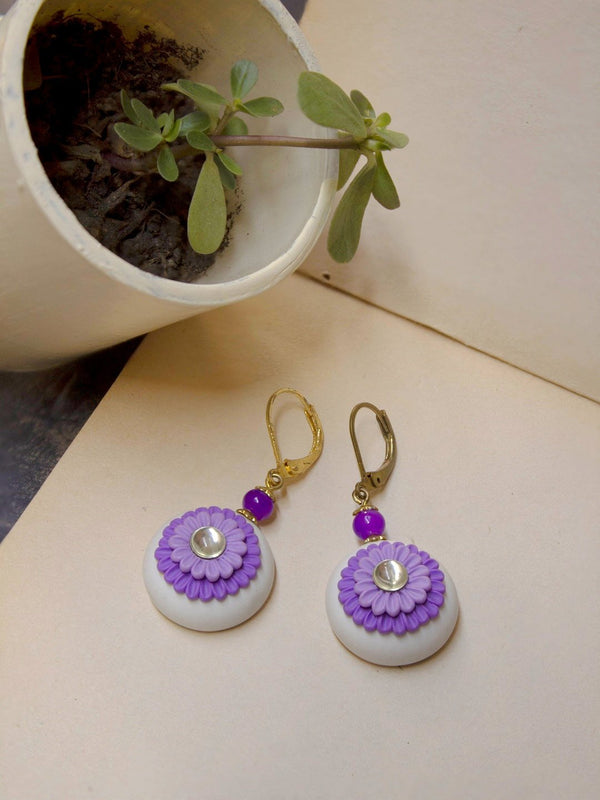 Gold Plated Floral Design Purple Color Dangler Earring