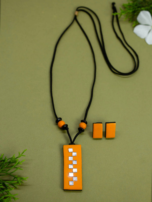 Orange Geometric Rectangular Shape Mirror Design Work Minimalistic Handmade Terracotta Necklace Set