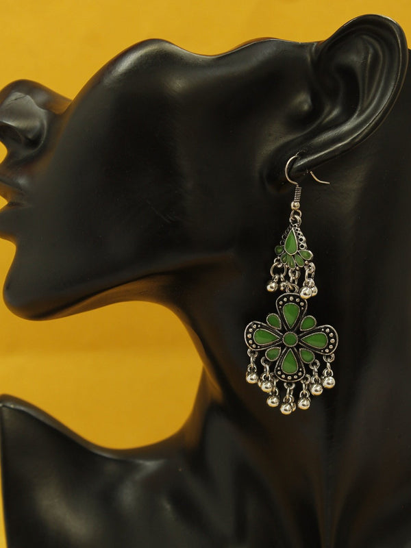 Silver Plating Green And Silver Color Floral Design Afghani Earring