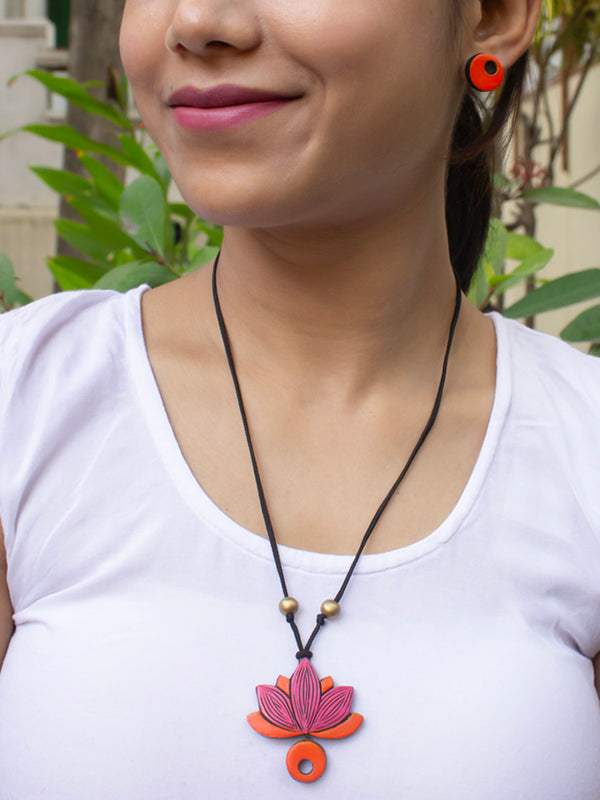 Lotus Design Pink Orange Handmade Terracotta Necklace Set