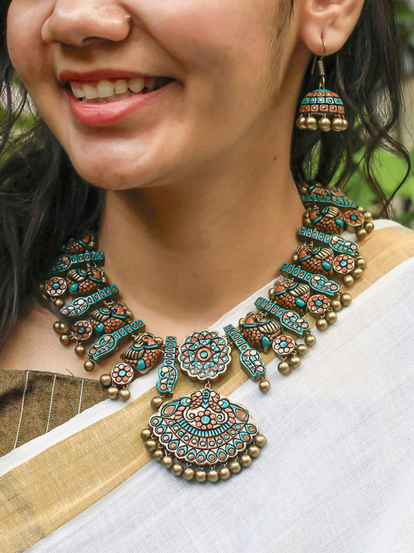 Mandala Art Design Peacock Gold Blue Turquoise Contemporary Handmade Terracotta Necklace Set