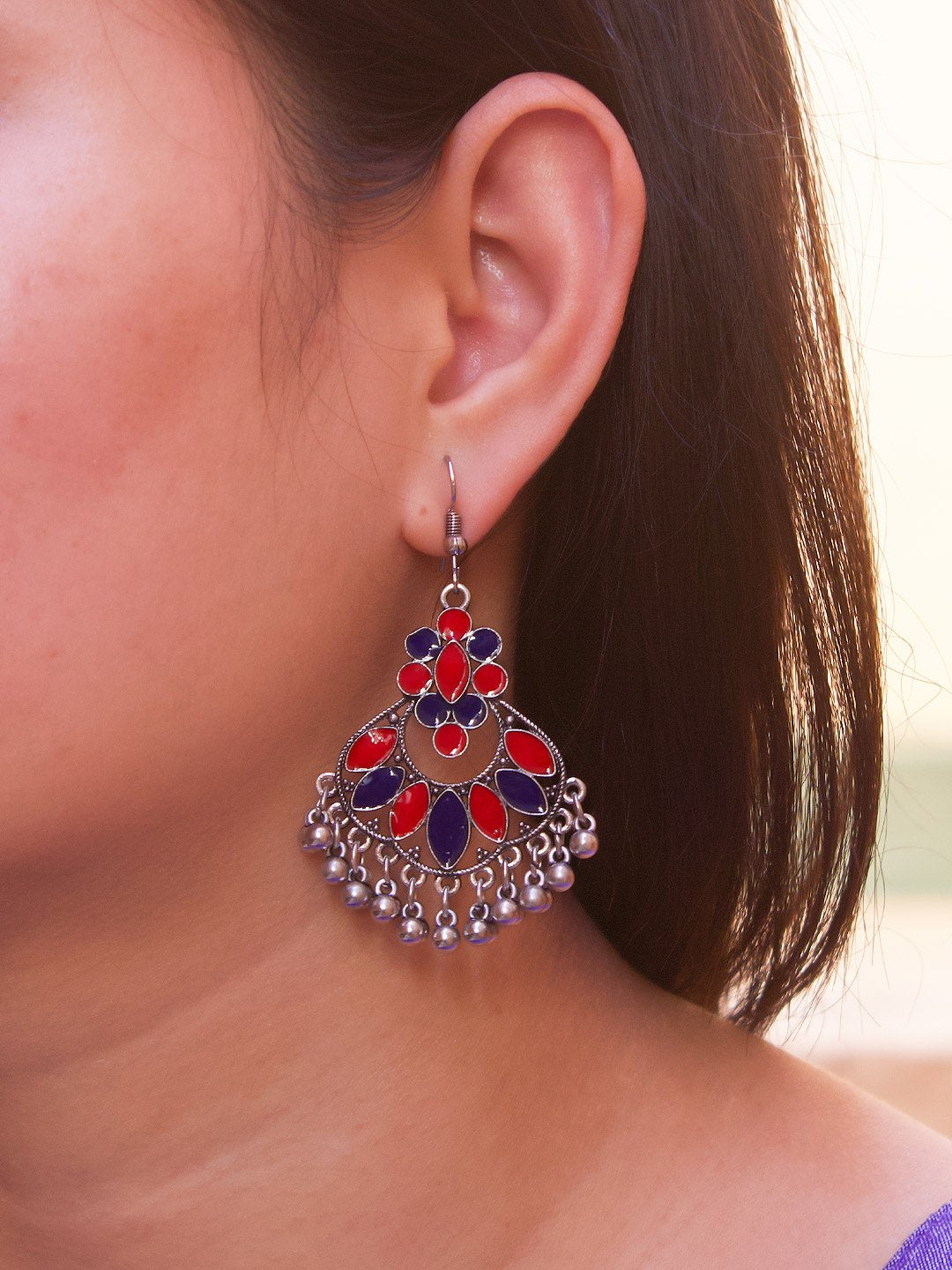 Floral Design Red and Blue Dangler Afghani Earring