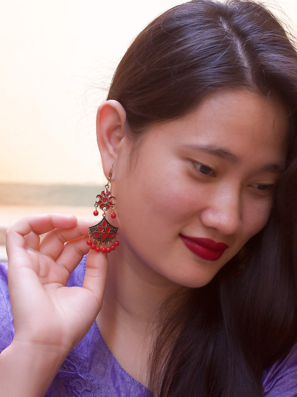 Floral Design Red Dangler Afghani Earring