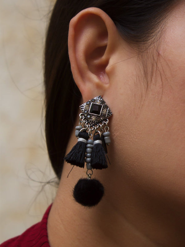 Black Color Tassel With Pom Pom Hanging Earring