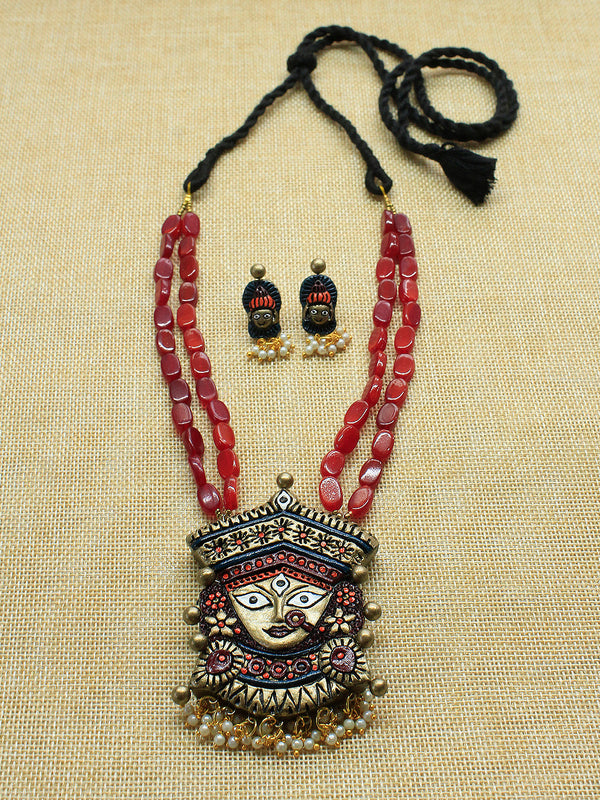 Durga Design Antique Bronze Maroon Dark Green Orange Temple Handmade Terracotta  Necklace Set