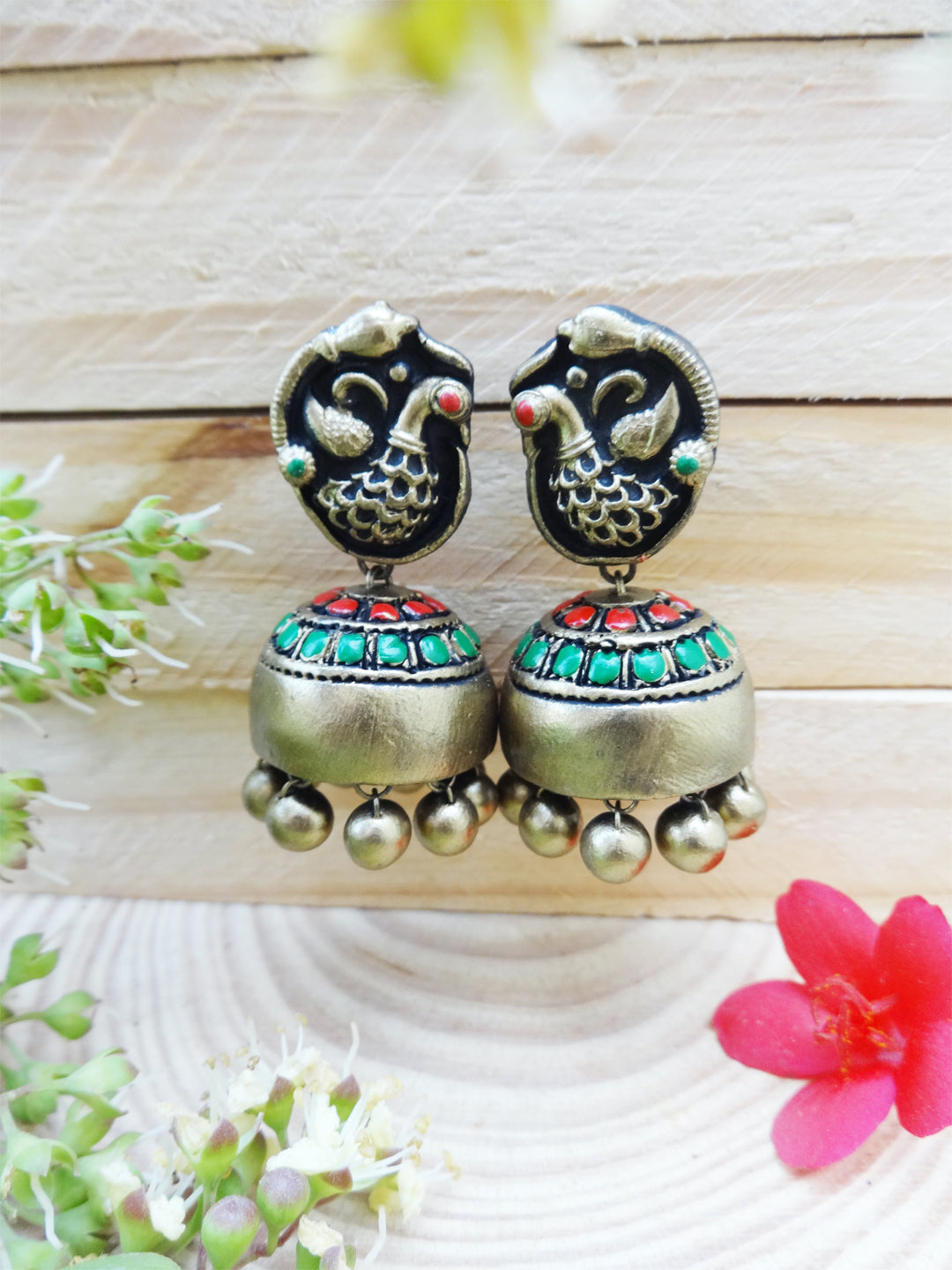 Peacock Design Hand Painted Terracotta Earrings