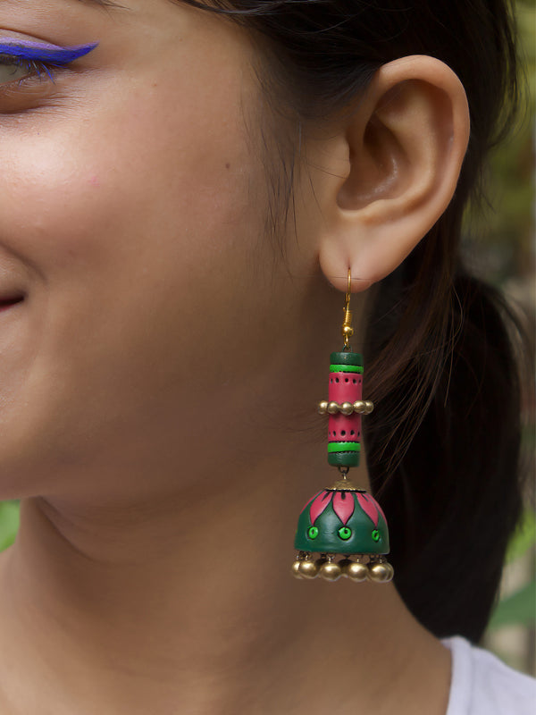 Bohemian Style Gold Rose and Green Colour Handmade Terracotta Jhumka Earrings