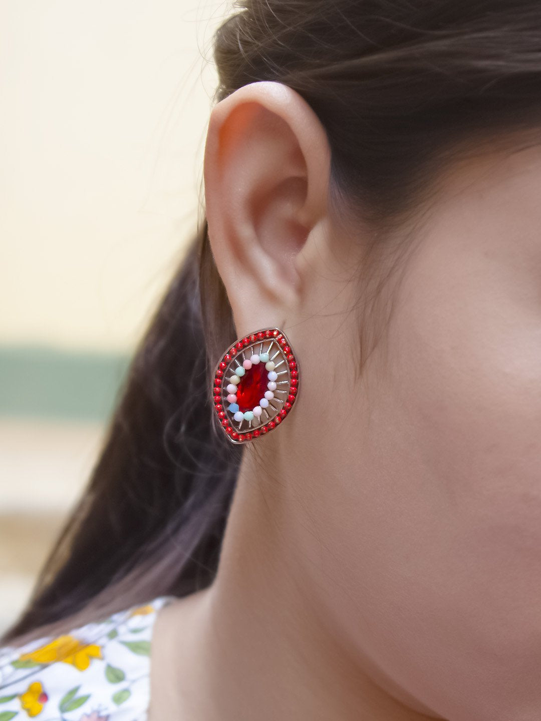 Silver Plated Oval Design Multicolor Plastic Stone Stud Earring