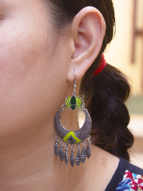 Silver Plated Lotus Design Green Enamel Paint Afghani Earring