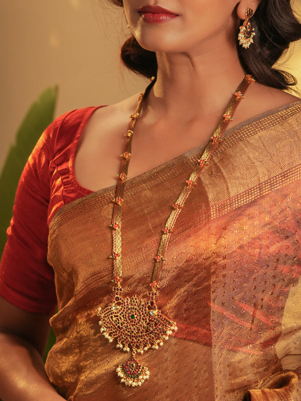 Gold Tone Temple Necklace Set- Brown Zari haaram