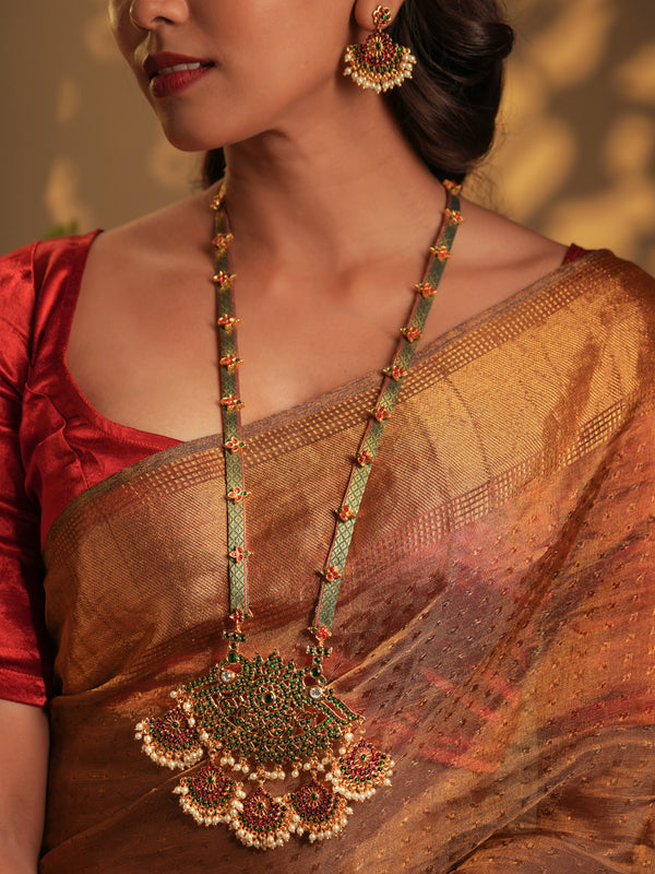 Gold Tone Temple Necklace Set- Green and white Zari haaram