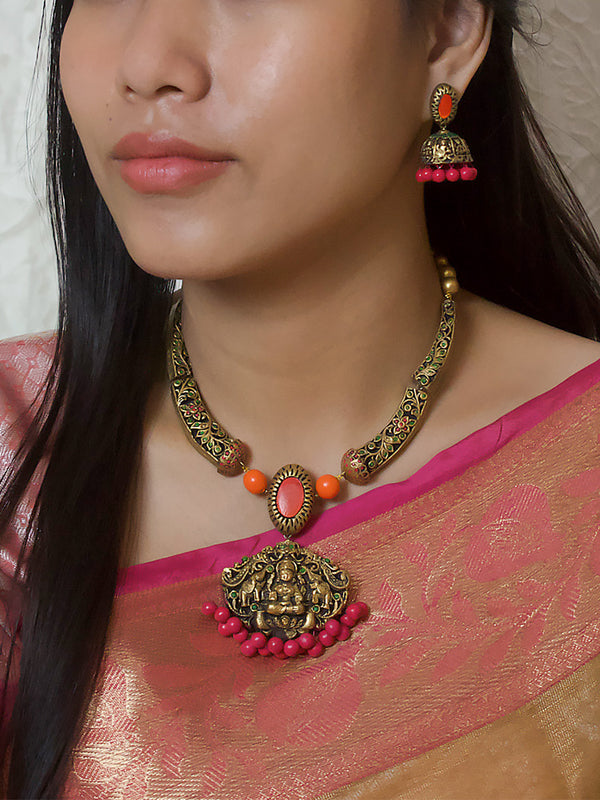 Antique Gold Pink Green Orange Rajawada Style Filigree Pattern Handmade Terracotta Necklace Set