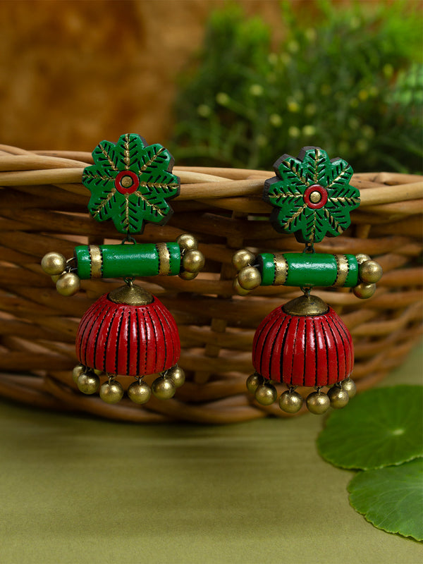 Floral Design Antique Gold Red Green Handmade Terracotta Jhumka Earring