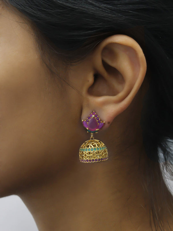 Avismaya Gold Plated Floral Design American Diamond Stone Jhumka Earring