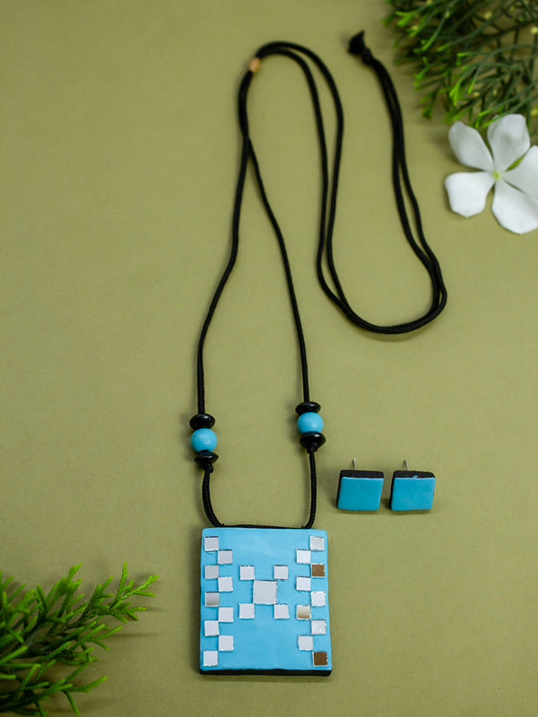 Sky Blue Geometric Square Design Mirror Work Minimalistic Handmade Terracotta Necklace Set