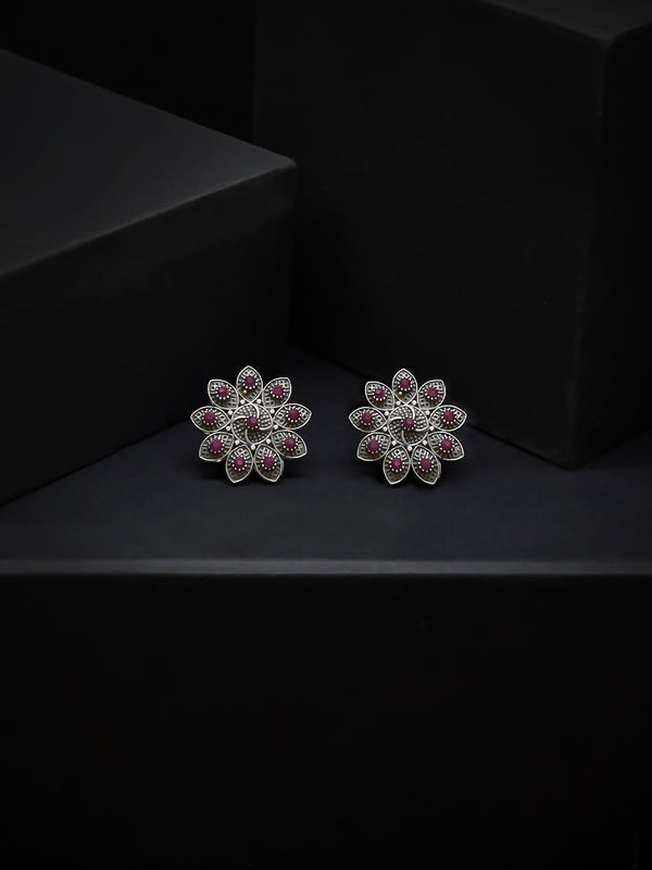 Silver Plated Flower Shape Oval Design Maroon Color Artificial Stone Stud Earring
