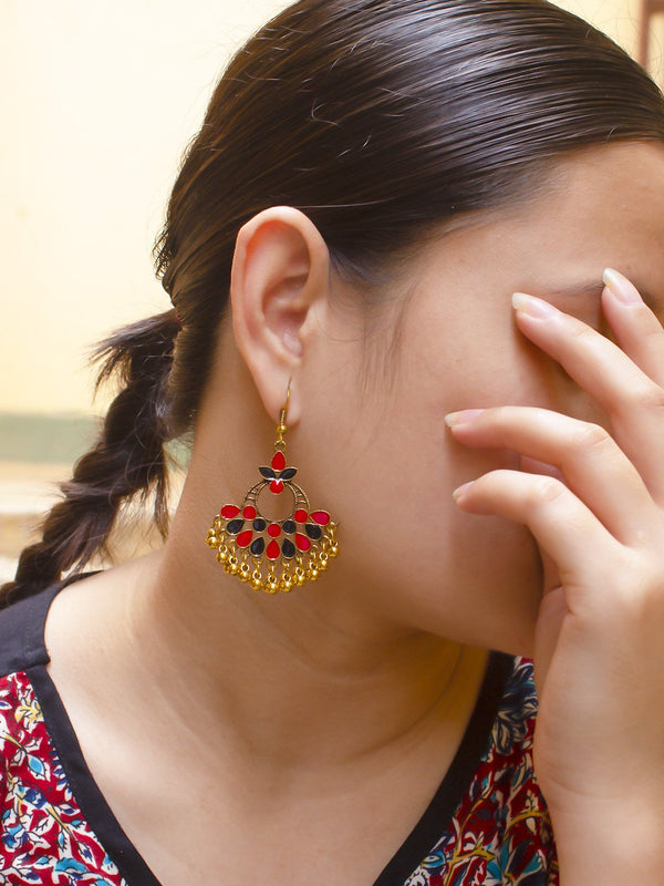 Floral Design Red and Black Dangler Afghani Earring