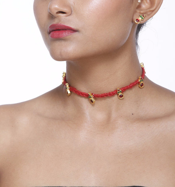 Fiery Red Choker With Round Motifs And Earrings