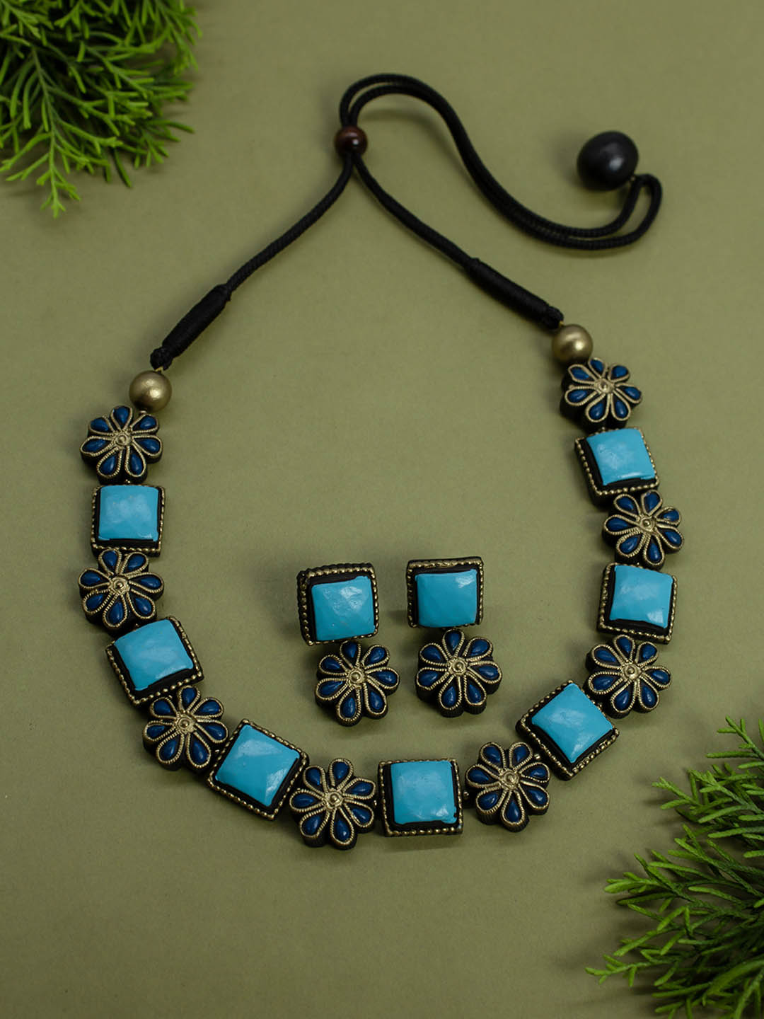 Antique Silver Blue Flower and Square Design Handmade Terracotta Necklace Set