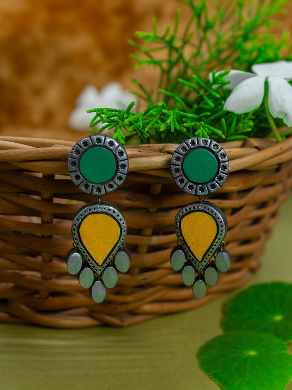 Emerald Green Yellow Antique Silver Leaf Design Handmade Terracotta Drop Earrings