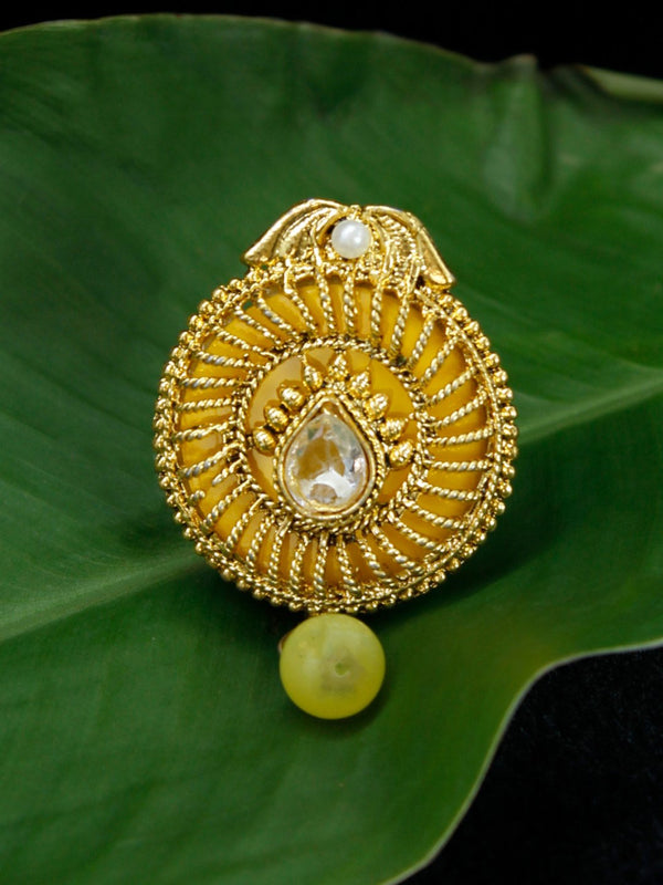 Gold Plated Round Shape White Stone with Green Pearl Dropping Saree Pin