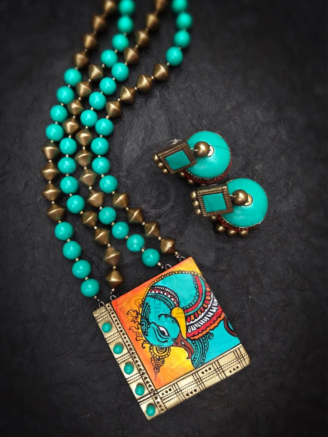 Peacock Design Hand Painted Terracotta Jewellery Set