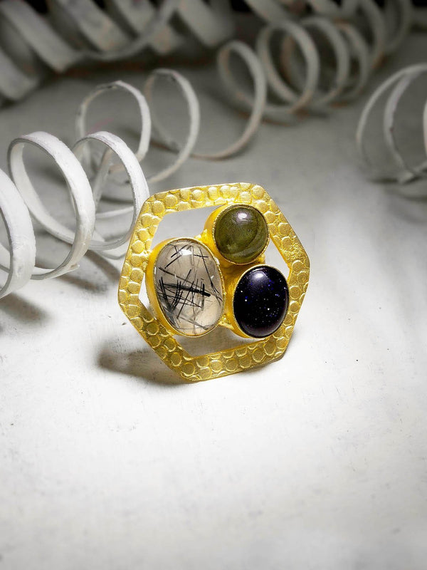 Contemporary Designer Gold Plated With Multicolor Leborite Semi Precious Stones Geometric Design Adjustable Finger Ring By Avismaya