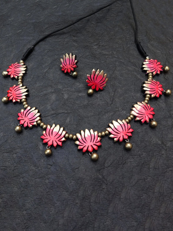 Lotus Design Hand Painted Terracotta Jewellery Set