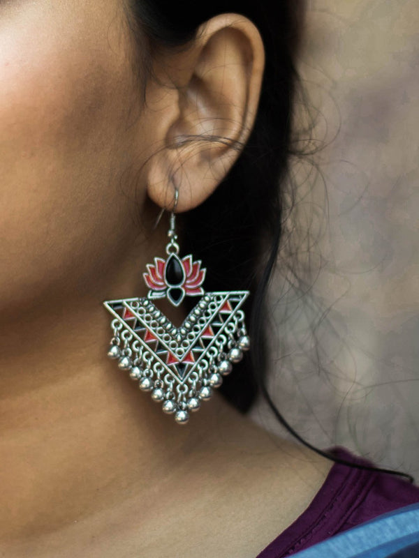 Silver Plated Red & Black Color Lotus Design Afghani Earring