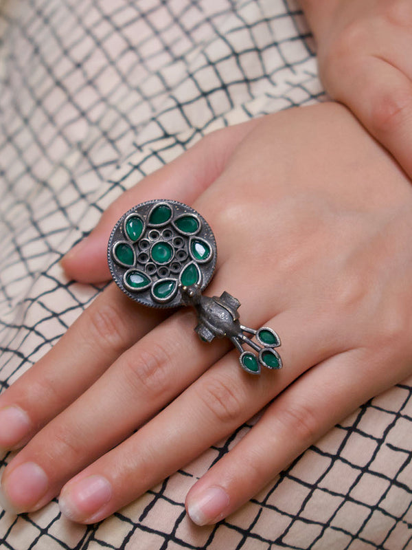Antique Silver Plated Peacock Design Green Color Artificial Stone Adjustable Finger Ring