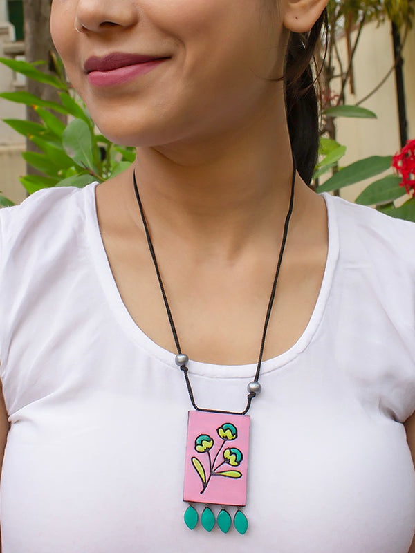 Pink Green Yellow Rectangular Floral Design Minimalistic Handmade Terracotta Necklace