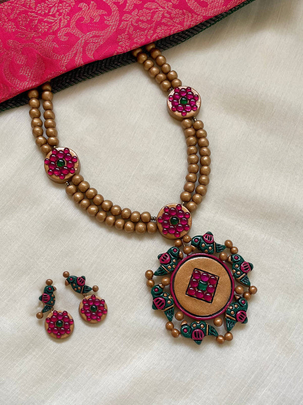 Parrot Design Hand Painted Finish Terracotta Jewellery Set