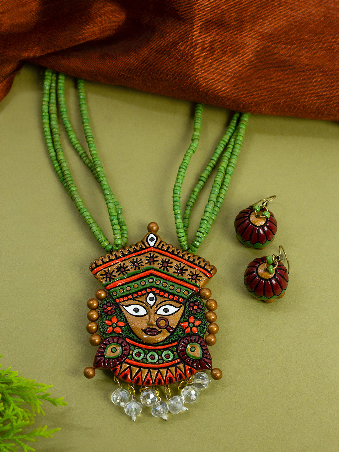 Durga Design Handpainted Sap Green Gold Orange and White Temple Handmade Terracotta Necklace Set