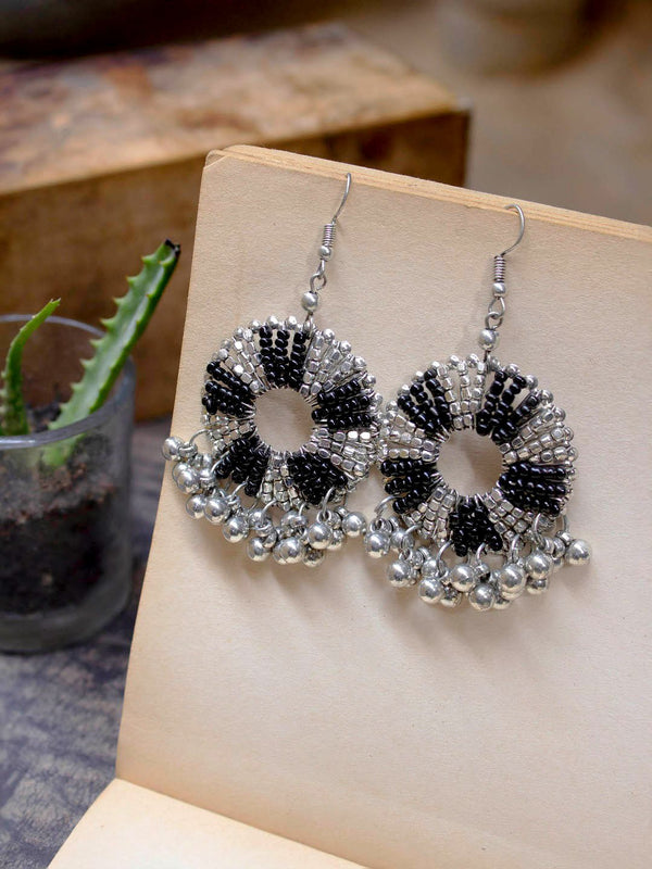 Silver Plated Circle Design Black And White Color Beads With Hanging Ghungroos Dangler Earring