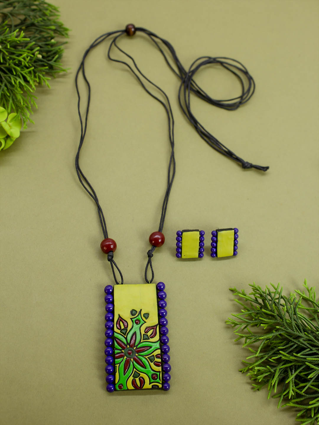 Yellow Green purple maroon rectanglular design floral art work terracotta necklace set
