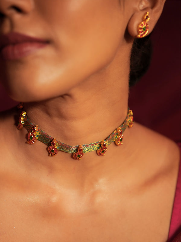 Gold Tone Green Zari Temple Choker Necklace Set