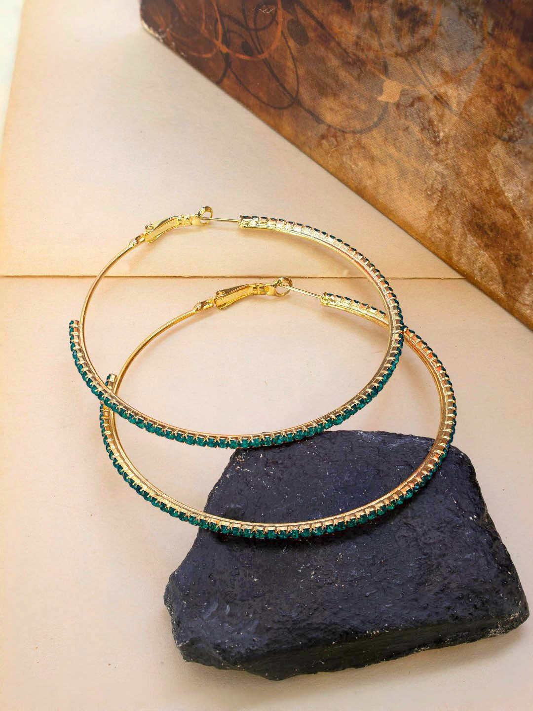 Gold Plated Circle Design Blue Color Artificial Stone Hoop Earring