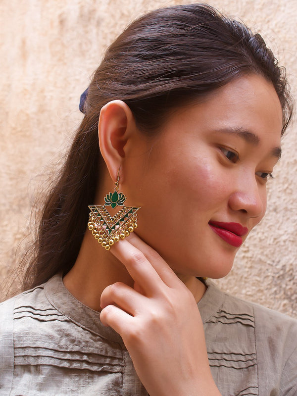 Green Color Lotus Design Gold Plated Dangler Earring