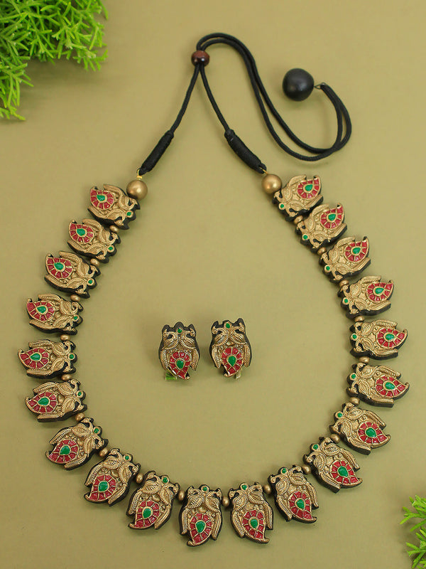 Mango Peacock Design Antique Gold Red Green Handmade Terracotta Necklace Set