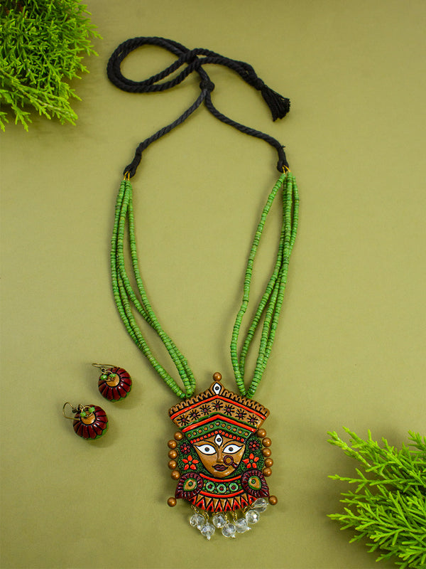 Durga Design Handpainted Sap Green Gold Orange and White Temple Handmade Terracotta Necklace Set