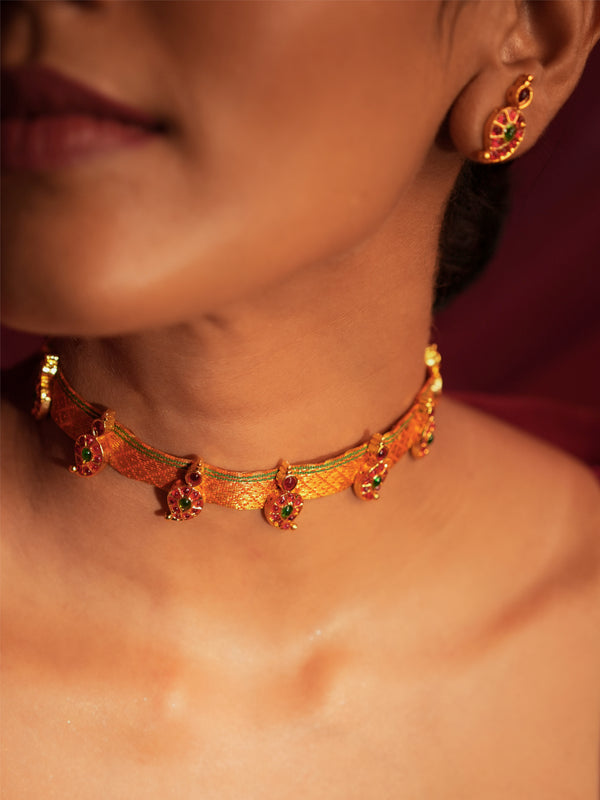 Gold Tone Orange Zari Temple Choker Necklace Set