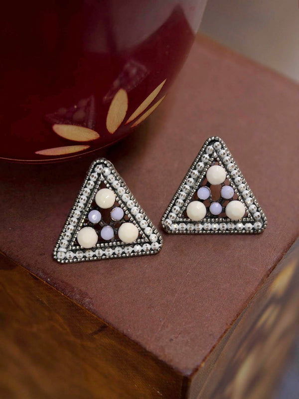 Silver Plated Triangle Shape Purple Color Plastic Stone Stud Earring