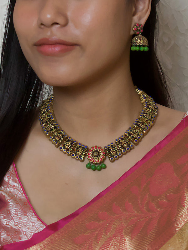 Antique Gold Peach Green Lakshmi Design Handmade Terracotta Necklace Set