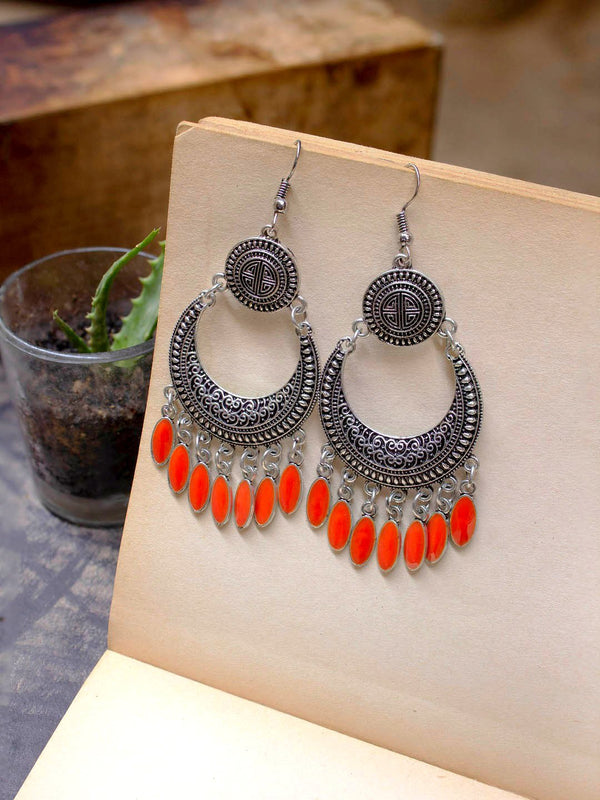 Silver Plated Filigree Design Orange Color Enamel Paint Hanging Beads Dangler Earring