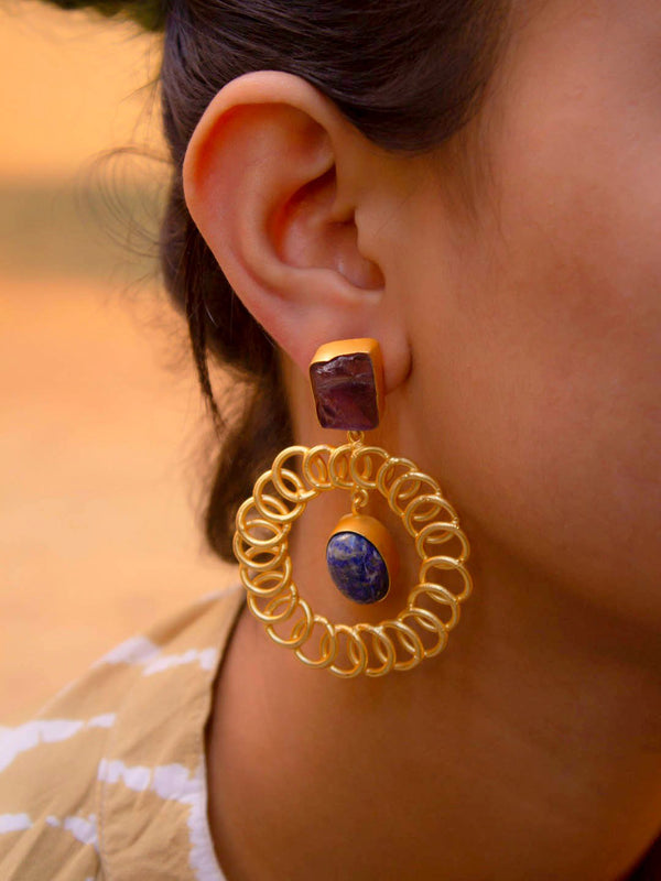 Avismaya Semi Precious Gold Plated Circle Design Blue Color Druzy Stone Dangler Earring